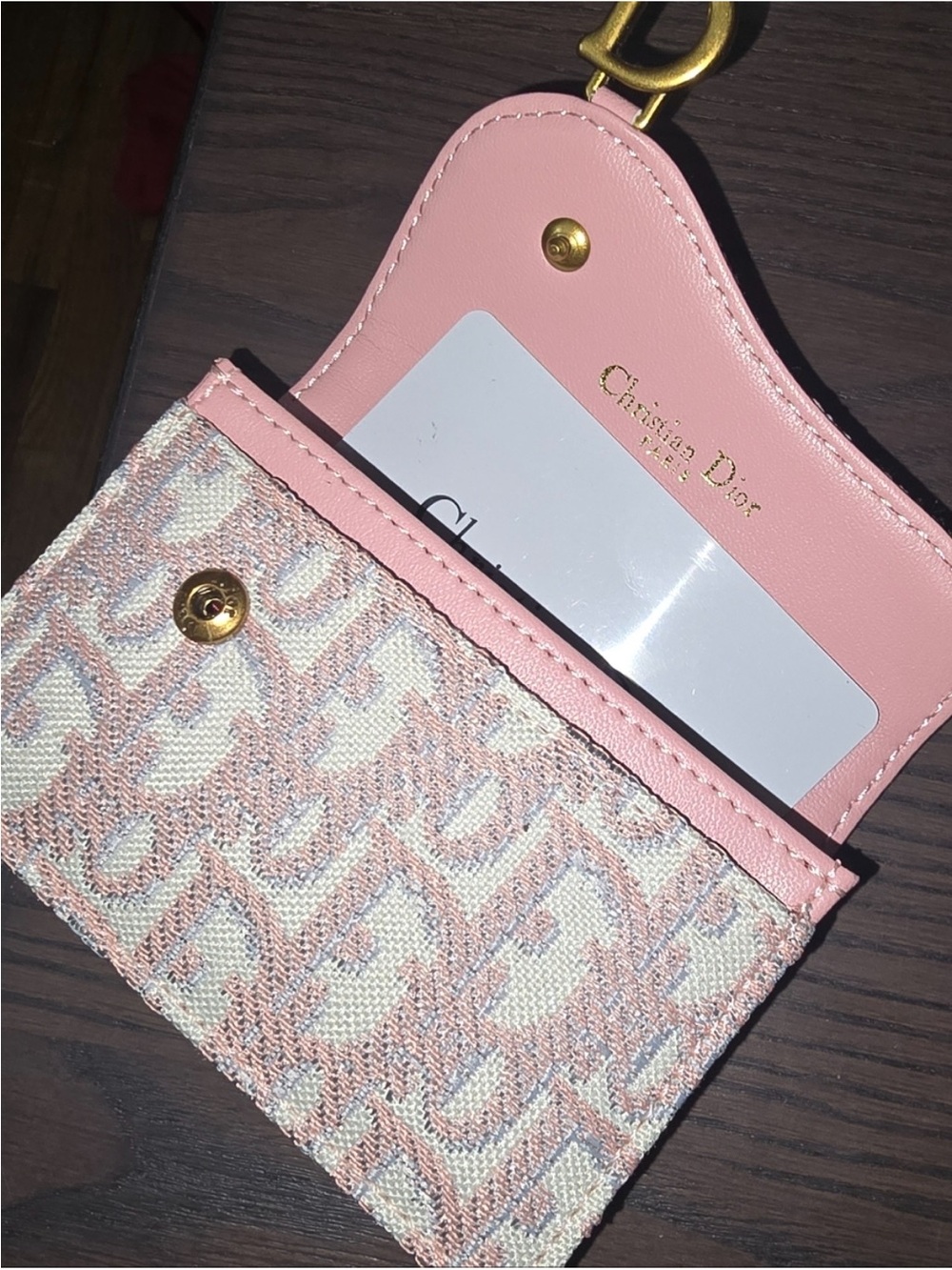 ADior Pink Monogram Canvas Card Holder with Gold 'D' Charm - Picture 5 of 6
